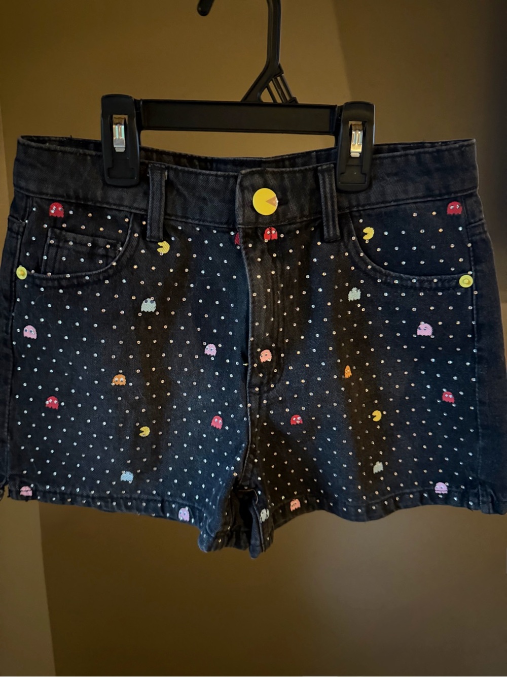 NEW Justice Black Denim Jean Shorts with Pac-Man Print and Studs